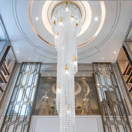 CEENWE High Ceiling Chandeliers,Crystal Chandeliers 15 Light Entryway Gold Spiral Crystal Chandelier Hanging Pendant Fixture D15.7 x H78.7