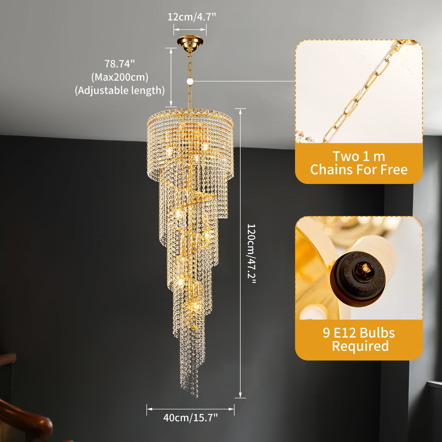 CEENWE Modern Spiral Crystal Luxury Chandelier,9 Light Foyer Chandeliers Linear Ceiling Elegant Hanging Pendant Luxurious Light Fixture E12 Base Staircase Living Room Hallway D15.7 x H 47.2"