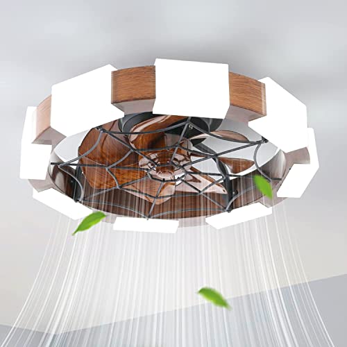 JNCNZN Farmhouse Low Profile Caged Ceiling Fan with LED Lights, Acrylic lampshade 20 inch Bladeless Ceiling fan With Remote Control, 6 Speeds Reversible Blades Timing Dimmable for Bedroom, Kitchen