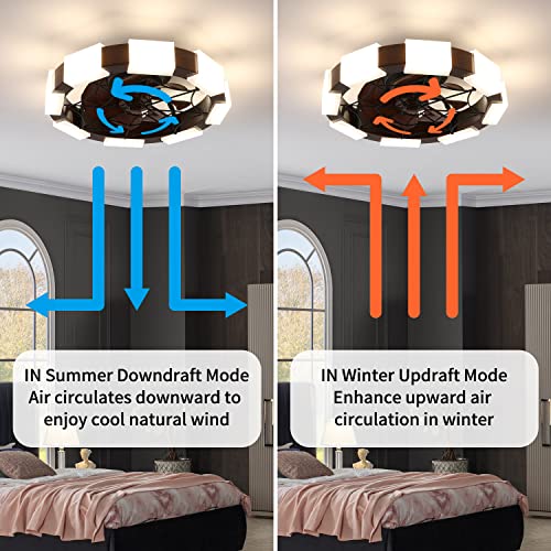 JNCNZN Farmhouse Low Profile Caged Ceiling Fan with LED Lights, Acrylic lampshade 20 inch Bladeless Ceiling fan With Remote Control, 6 Speeds Reversible Blades Timing Dimmable for Bedroom, Kitchen