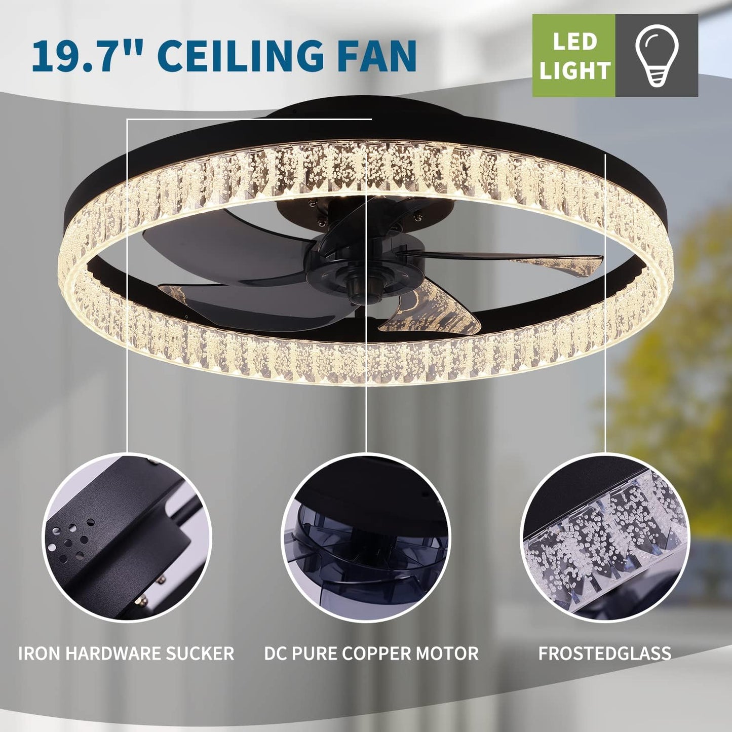 JNCNZN Bladeless ceiling fans with lights,22 in Electricfan Modern Ceiling Fans with Light Remote & APP Control Dimmable LED Smart Ceiling Fans with Light