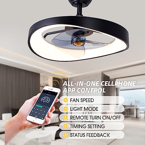 JNCNZN Illuminate Your Space with Our 20-Inch Bladeless Caged Ceiling Fan  Equipped with Remote Control,6 Speeds,Dimmable LED Lights and a Unique Farmhouse Style,Ideal for Every Room