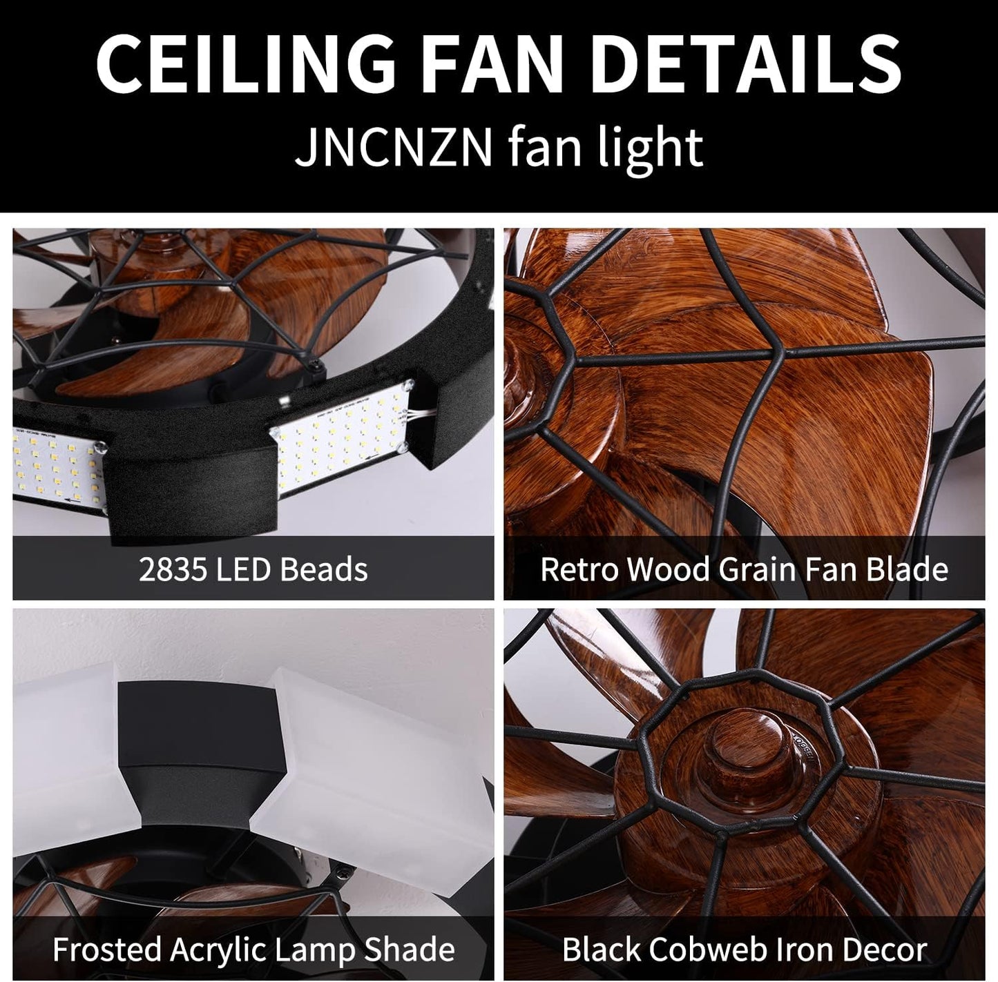 JNCNZN Farmhouse Low Profile Caged Ceiling Fan with LED Lights, Acrylic lampshade 20 inch Bladeless Ceiling fan With Remote Control, 6 Speeds Reversible Blades Timing Dimmable for Bedroom, Kitchen